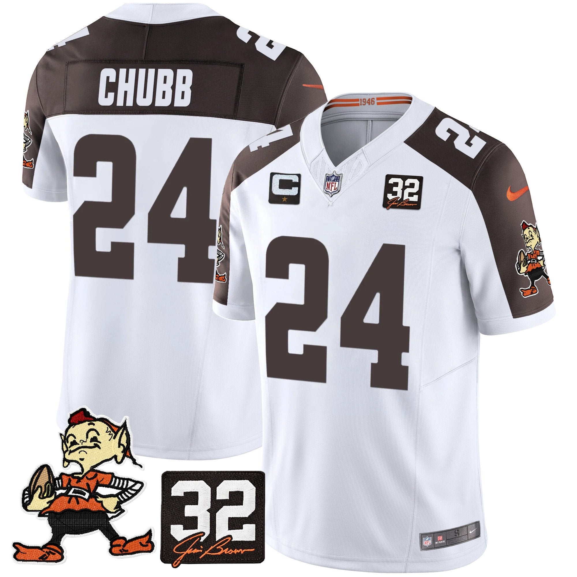 Browns #32 Jim Brown Memorial Patch Vapor Limited Jersey V2 – All Stitched – Inverted – Nick Chubb Jersey