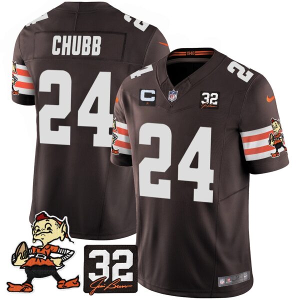 Browns #32 Jim Brown Memorial Patch Vapor Limited Jersey V2 – All Stitched – Brown – Nick Chubb Jersey
