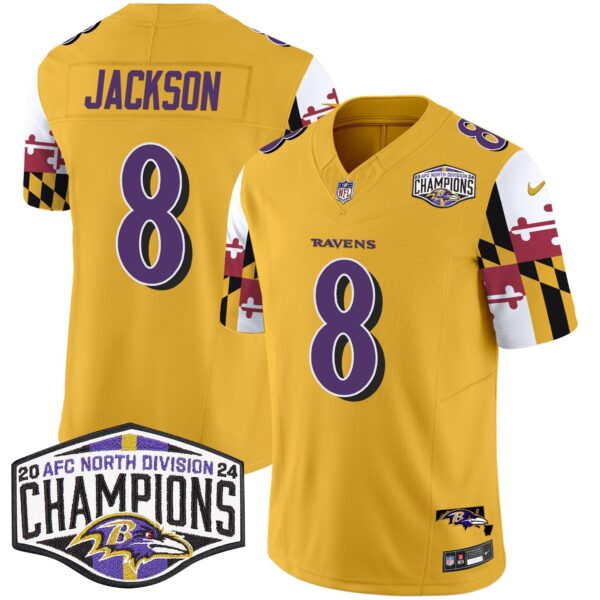 Ravens Maryland Flag 2024 AFC North Division Champions Patch Vapor Limited Jersey – All Stitched – Gold – Lamar Jackson Jersey
