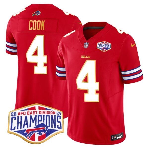 Bills 2024 AFC East Division Champions Gold Trim Vapor Limited Jersey – All Stitched – Red – James Cook Jersey