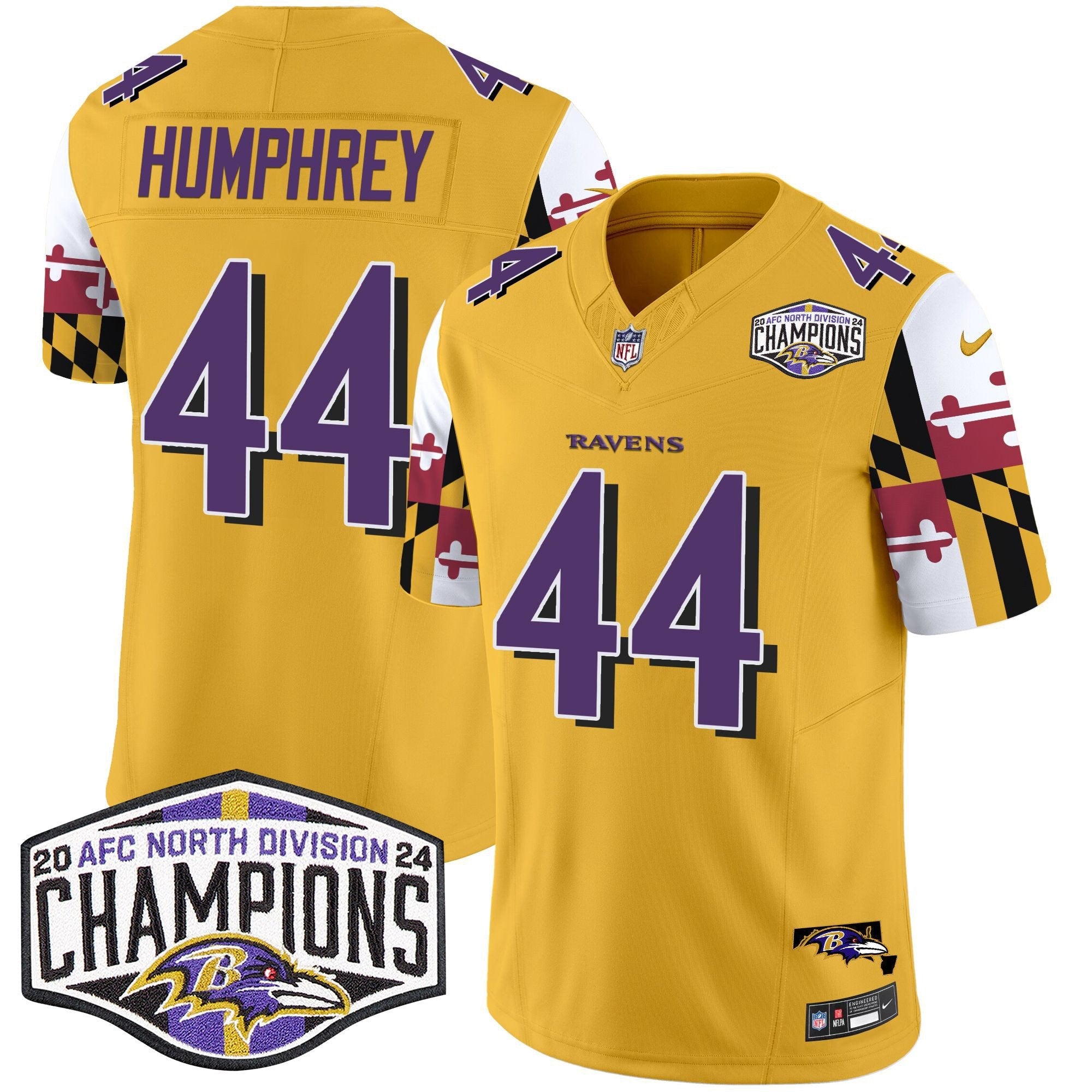 Ravens Maryland Flag 2024 AFC North Division Champions Patch Vapor Limited Jersey – All Stitched – Gold – Marlon Humphrey Jersey