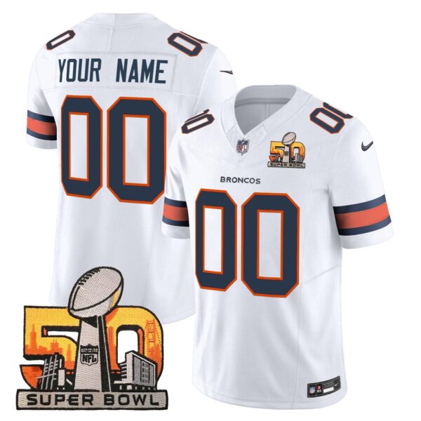 Denver Broncos Super Bowl 50 Patch Vapor Limited Custom Jersey – All Stitched – White Jersey