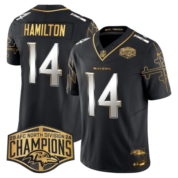 Ravens Maryland Flag Map 2024 AFC North Division Champions Patch Gold Vapor Limited Jersey – All Stitched – Black Limited – Kyle Hamilton Jersey