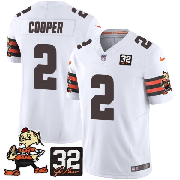 Browns #32 Jim Brown Memorial Patch Vapor Limited Jersey V2 – All Stitched – White – Amari Cooper Jersey