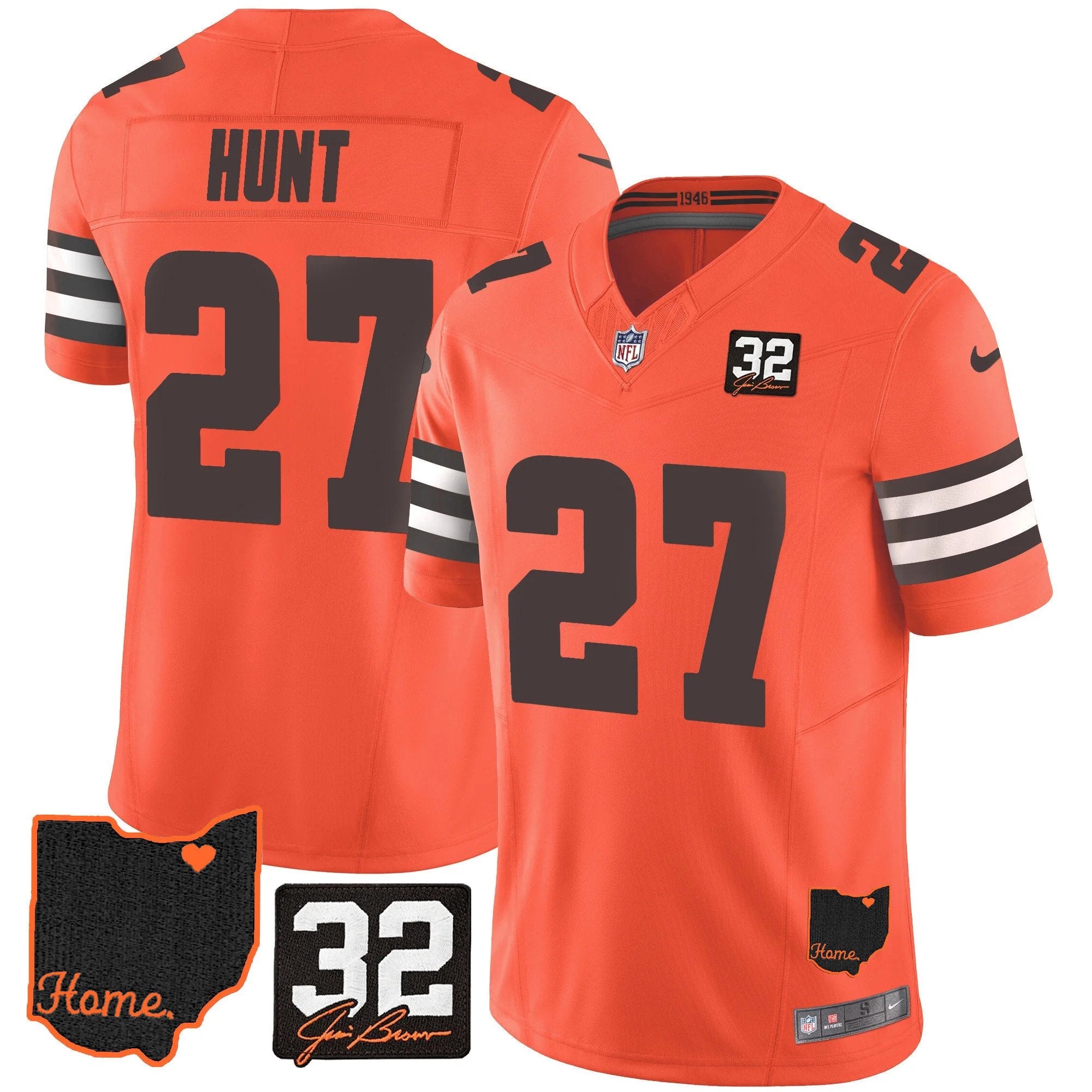 Browns #32 Jim Brown Memorial & Home Patch Jersey V3 – All Stitched – Orange – Kareem Hunt Jersey