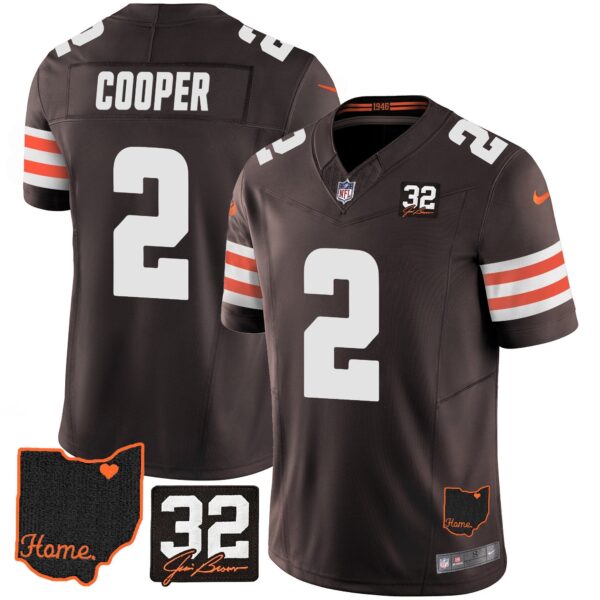 Browns #32 Jim Brown Memorial & Home Patch Jersey V3 – All Stitched – Brown – Amari Cooper Jersey