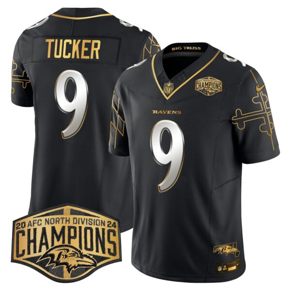 Ravens Maryland Flag Map 2024 AFC North Division Champions Patch Gold Vapor Limited Jersey – All Stitched – Black Limited – Justin Tucker Jersey