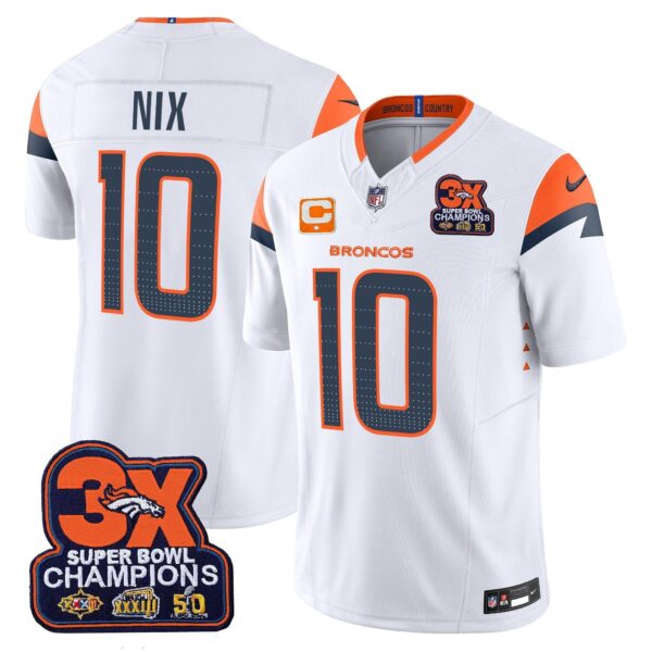Denver Broncos 3-Time Champions Patch Vapor Limited Jersey – All Stitched – White – Bo Nix Jersey