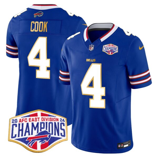Bills 2024 AFC East Division Champions Gold Trim Vapor Limited Jersey – All Stitched – Royal – James Cook Jersey