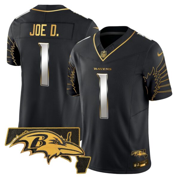 Ravens Maryland Patch Gold Vapor Limited Jersey V2 – All Stitched – Black Limited – Joe D Jersey