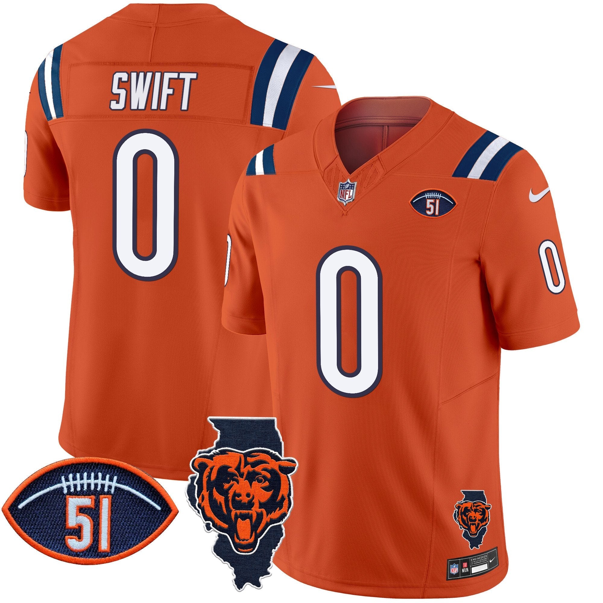 Bears Illinois Patch Vapor Limited Jersey V2 – All Stitched – Orange – D’Andre Swift Jersey
