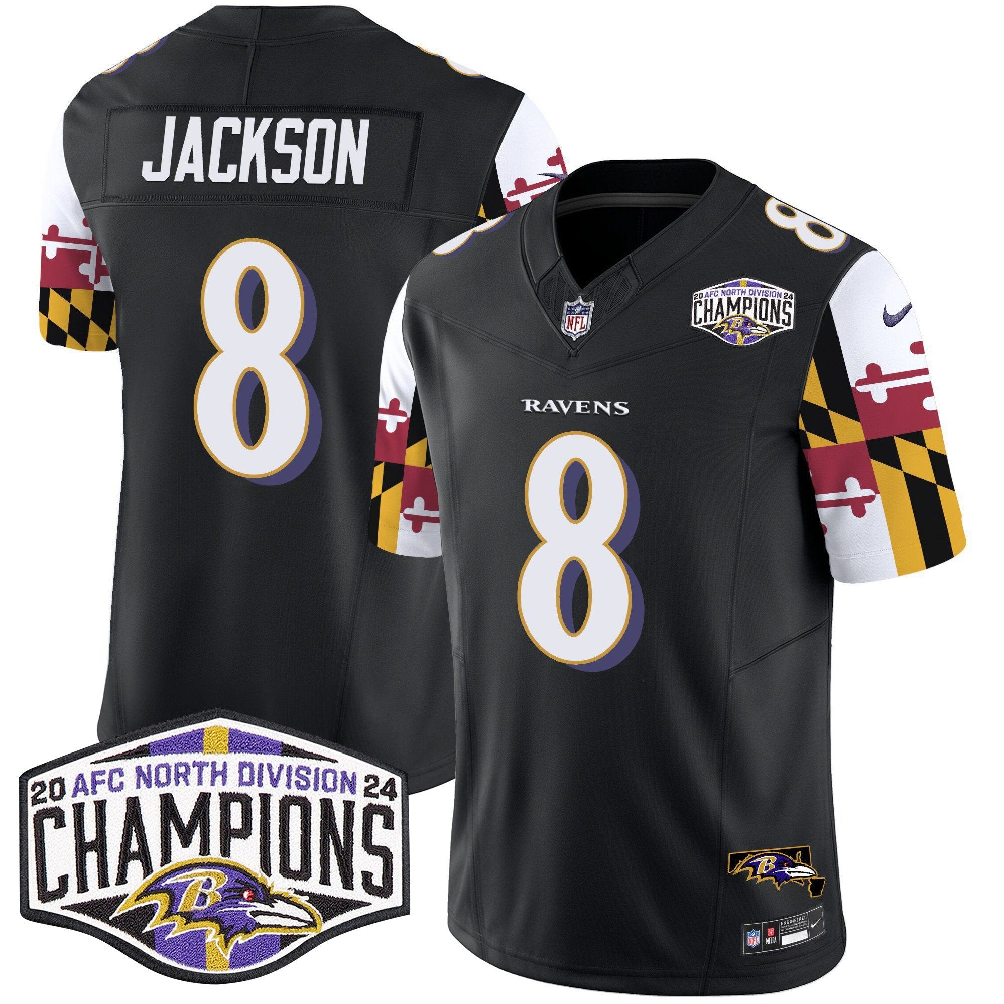 Ravens Maryland Flag 2024 AFC North Division Champions Patch Vapor Limited Jersey – All Stitched – Black – Lamar Jackson Jersey