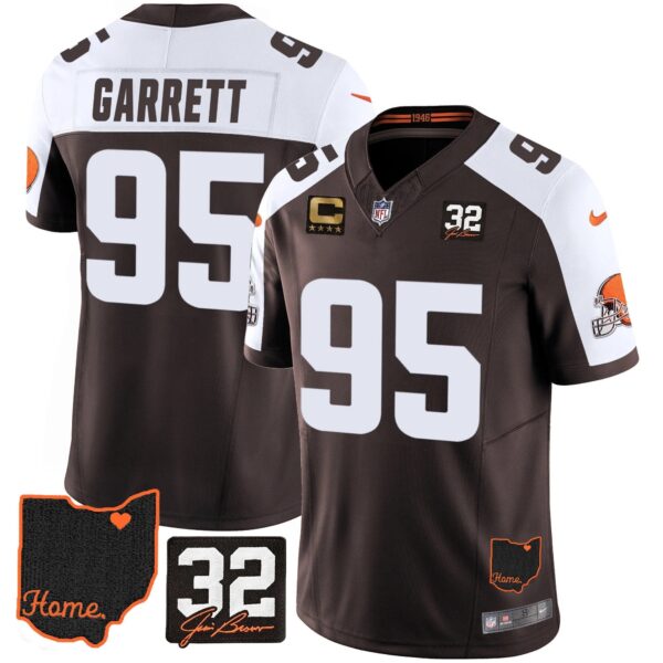 Browns #32 Jim Brown Memorial & Home Patch Jersey V3 – All Stitched – Alternate – Myles Garrett Jersey