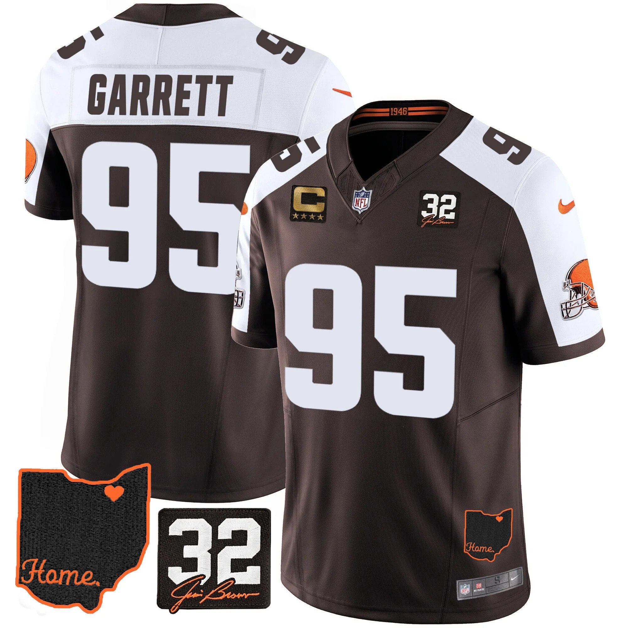 Browns #32 Jim Brown Memorial & Home Patch Jersey V3 – All Stitched – Alternate – Myles Garrett Jersey