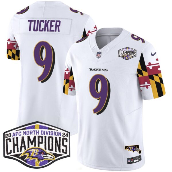 Ravens Maryland Flag 2024 AFC North Division Champions Patch Vapor Limited Jersey – All Stitched – White – Justin Tucker Jersey