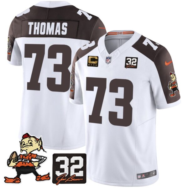 Browns #32 Jim Brown Memorial Patch Vapor Limited Jersey V2 – All Stitched – Inverted – Joe Thomas Jersey