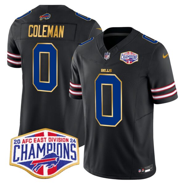 Bills 2024 AFC East Division Champions Gold Trim Vapor Limited Jersey – All Stitched – Black – Keon Coleman Jersey