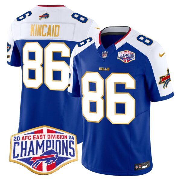 Bills 2024 AFC East Division Champions Gold Trim Vapor Limited Jersey – All Stitched – Royal Alternate – Dalton Kincaid Jersey