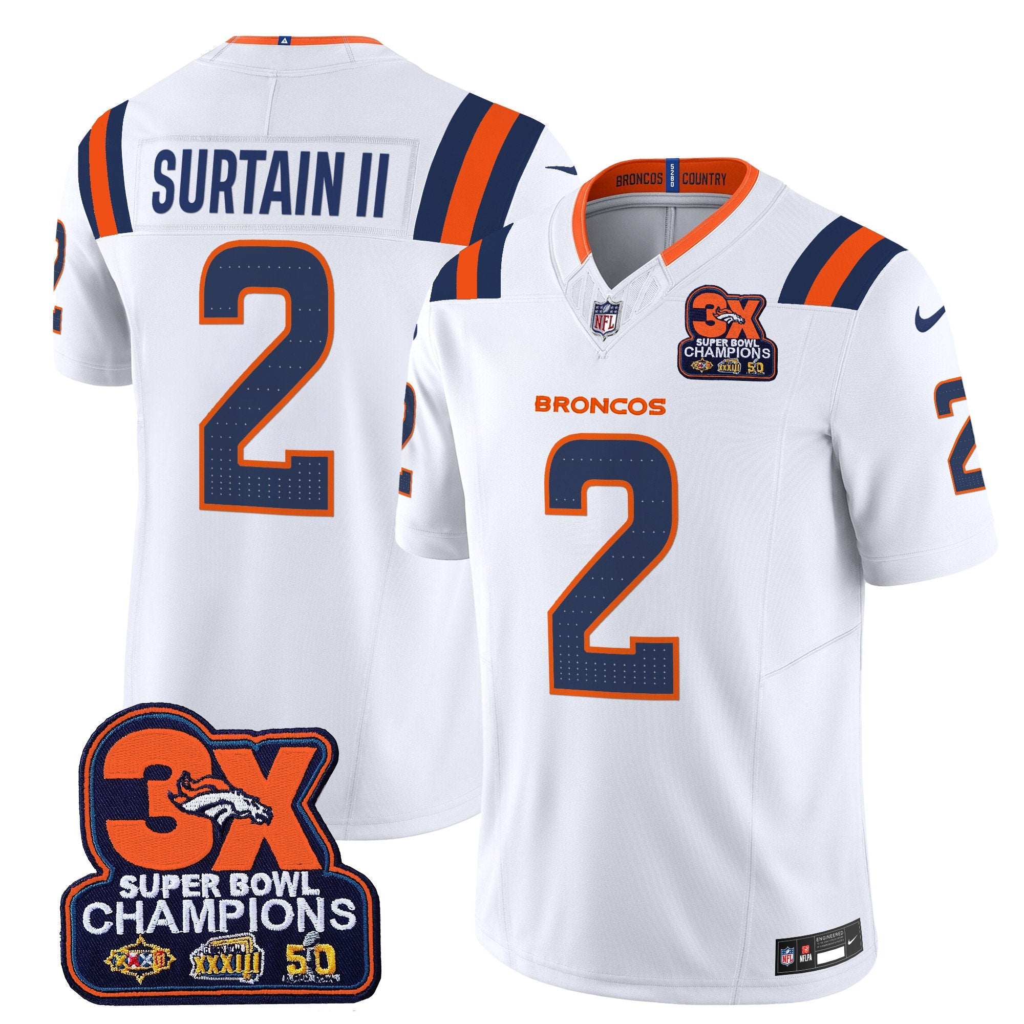 Denver Broncos 3-Time Champions Patch Vapor Limited Jersey V2 – All Stitched – White – Patrick Surtain II Jersey