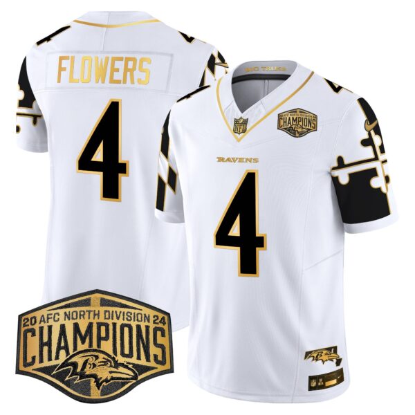 Ravens Maryland Flag Map 2024 AFC North Division Champions Patch Gold Vapor Limited Jersey – All Stitched – White Gold – Zay Flowers Jersey