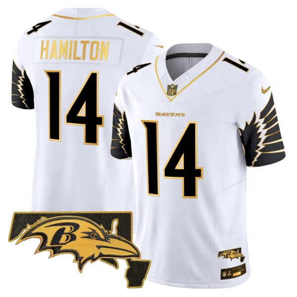 Ravens Maryland Patch Gold Vapor Limited Jersey V2 – All Stitched – White Gold – Kyle Hamilton Jersey