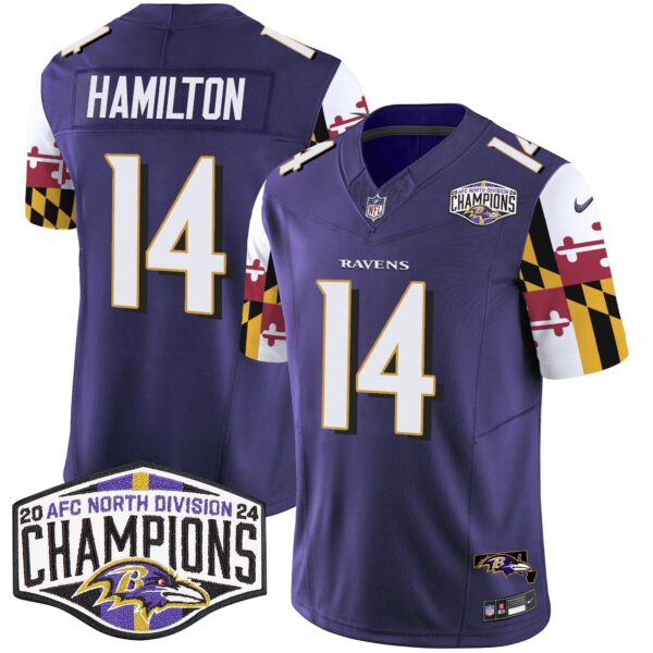 Ravens Maryland Flag 2024 AFC North Division Champions Patch Vapor Limited Jersey – All Stitched – Purple – Kyle Hamilton Jersey