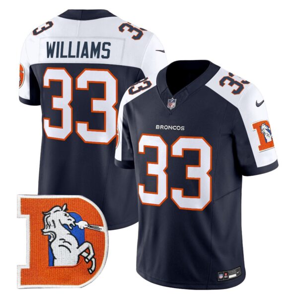 Denver Broncos Throwback Vapor Limited Jersey V2 – All Stitched – Navy Alternate – Javonte Williams Jersey