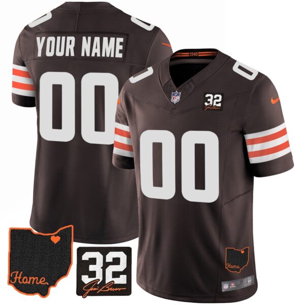 Browns #32 Jim Brown Memorial & Home Patch Custom Jersey V3 – All Stitched – Brown Jersey