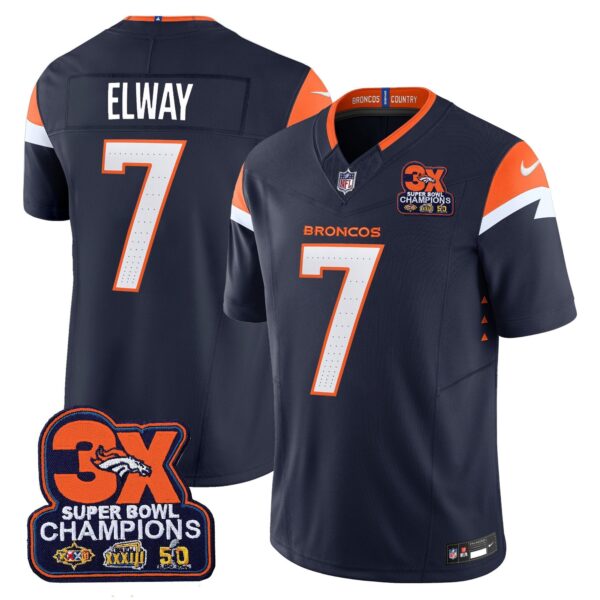 Denver Broncos 3-Time Champions Patch Vapor Limited Jersey – All Stitched – Navy – John Elway Jersey