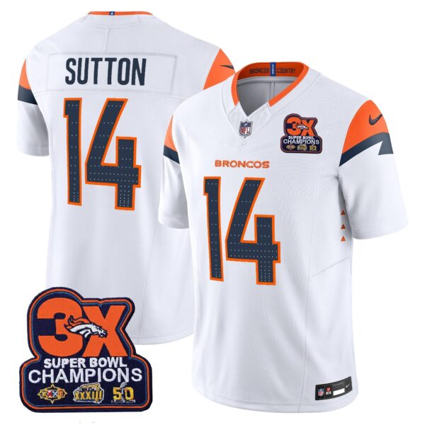 Denver Broncos 3-Time Champions Patch Vapor Limited Jersey – All Stitched – White – Courtland Sutton Jersey