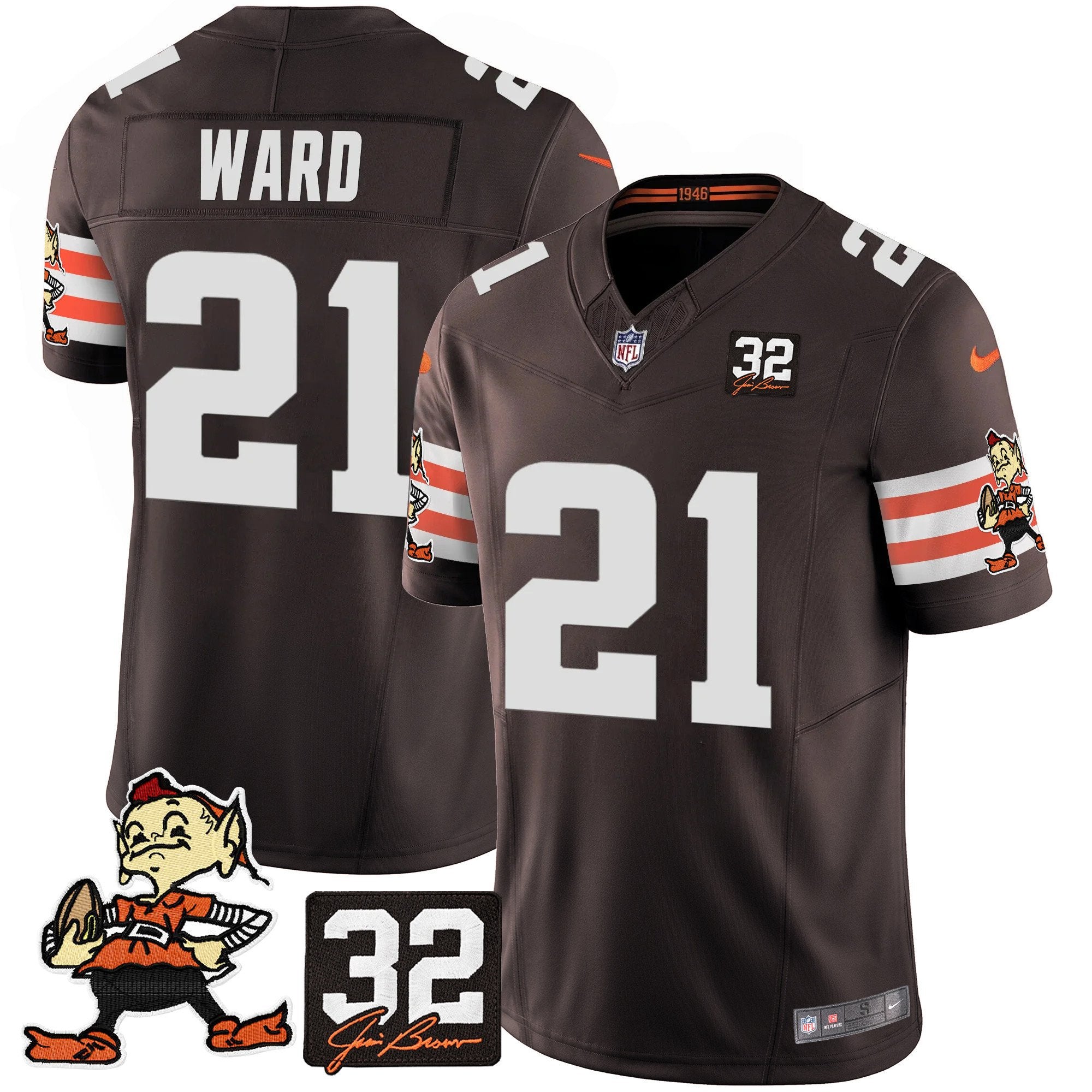 Browns #32 Jim Brown Memorial Patch Vapor Limited Jersey V2 – All Stitched – Brown – Denzel Ward Jersey