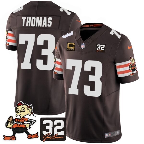 Browns #32 Jim Brown Memorial Patch Vapor Limited Jersey V2 – All Stitched – Brown – Joe Thomas Jersey