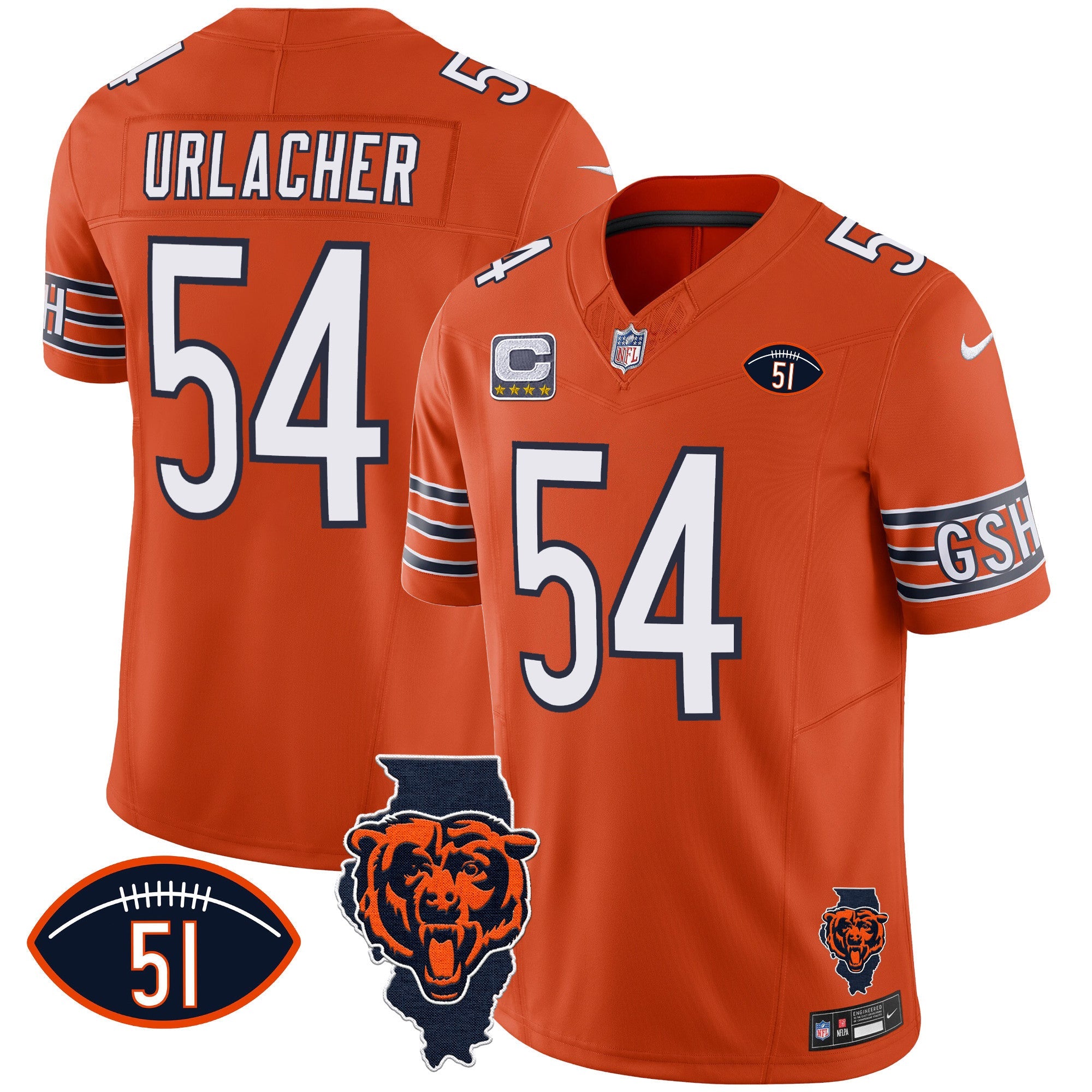 Bears Illinois Patch Vapor Jersey – All Stitched – Orange – Brian Urlacher Jersey
