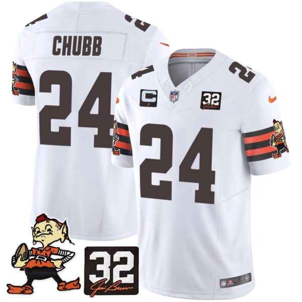 Browns #32 Jim Brown Memorial Patch Vapor Limited Jersey V2 – All Stitched – White – Nick Chubb Jersey
