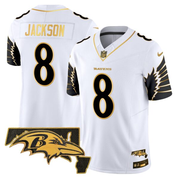 Ravens Maryland Patch Gold Vapor Limited Jersey V2 – All Stitched – White Gold – Lamar Jackson Jersey