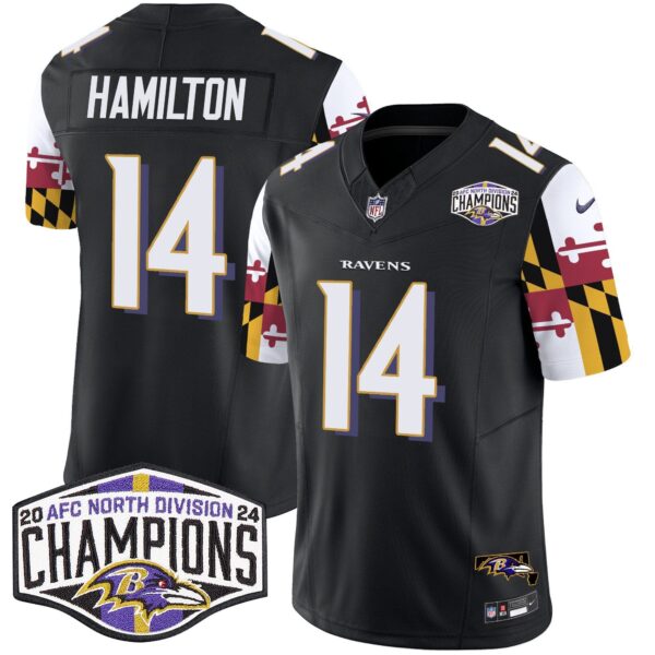 Ravens Maryland Flag 2024 AFC North Division Champions Patch Vapor Limited Jersey – All Stitched – Black – Kyle Hamilton Jersey