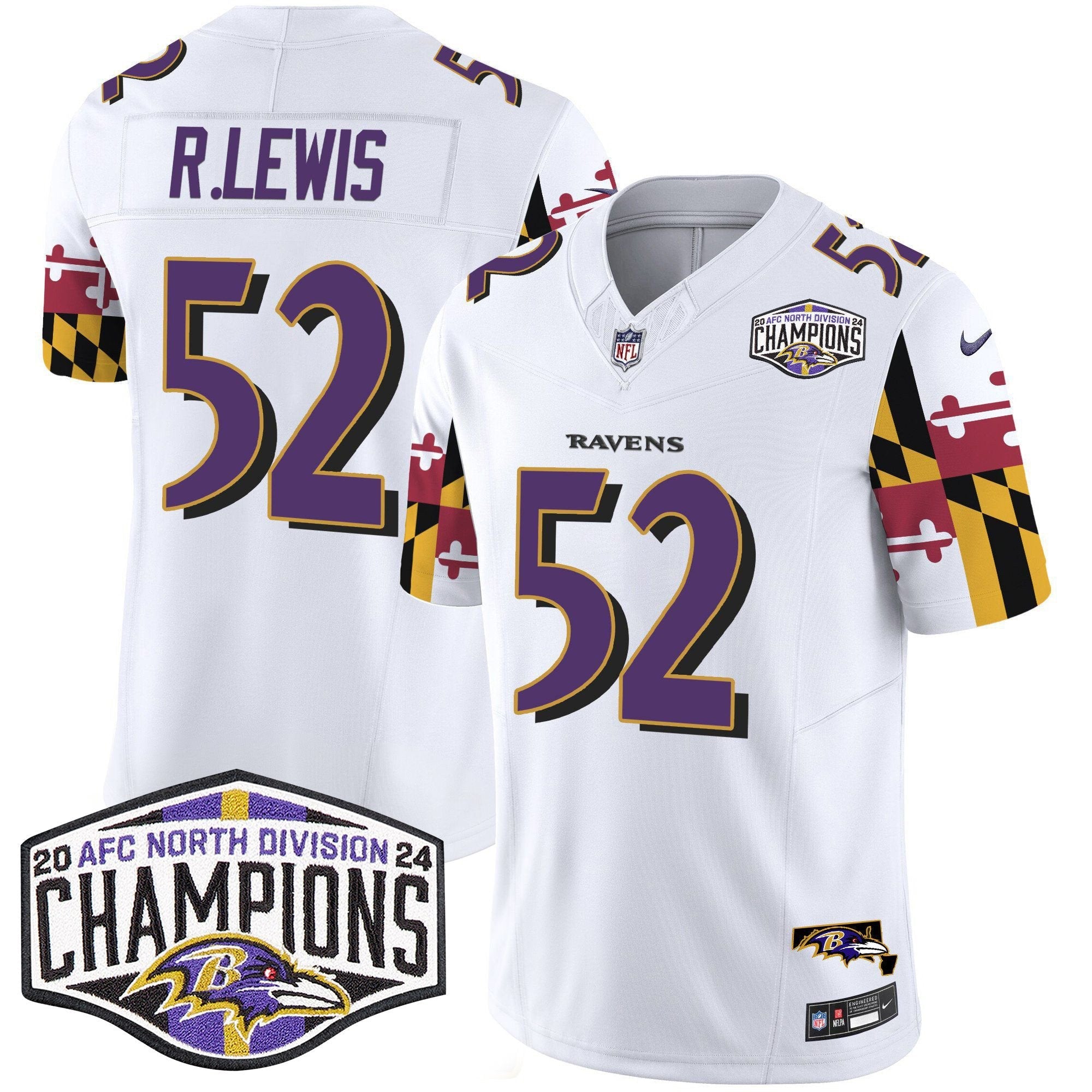 Ravens Maryland Flag 2024 AFC North Division Champions Patch Vapor Limited Jersey – All Stitched – White – Ray Lewis Jersey