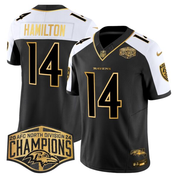 Ravens Maryland Flag Map 2024 AFC North Division Champions Patch Gold Vapor Limited Jersey – All Stitched – Alternate – Kyle Hamilton Jersey