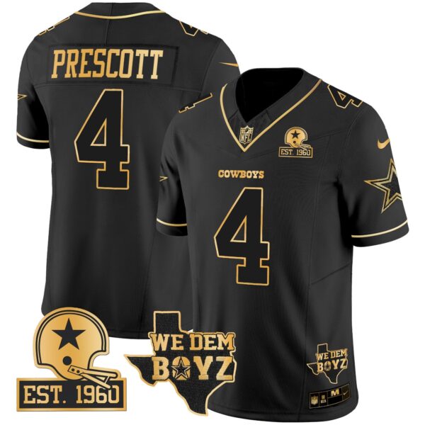 Cowboys Est. 1960 & We Dem Boyz Patch Gold Vapor Limited Jersey V2 – All Stitched – Black Gold – Dak Prescott Jersey