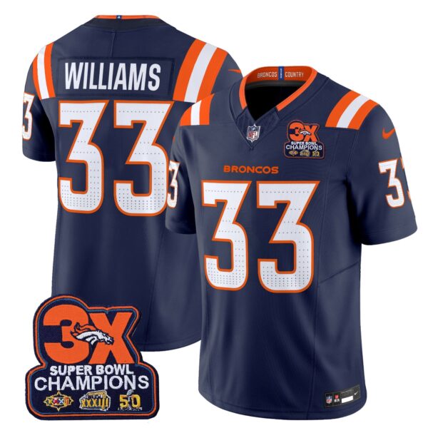 Denver Broncos 3-Time Champions Patch Vapor Limited Jersey V2 – All Stitched – Navy – Javonte Williams Jersey