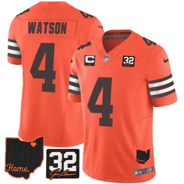 Browns #32 Jim Brown Memorial & Home Patch Jersey V3 – All Stitched – Orange – Deshaun Watson Jersey