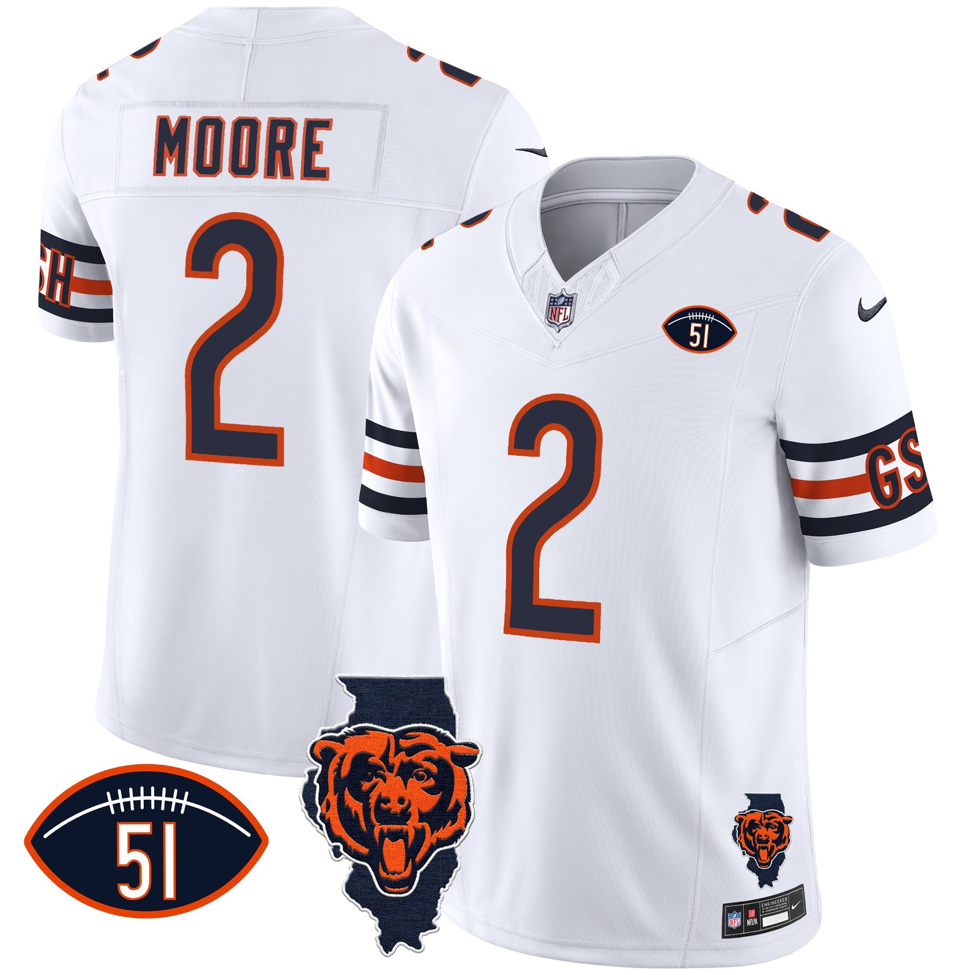 Bears Illinois Patch Vapor Jersey – All Stitched – White – D.J. Moore Jersey