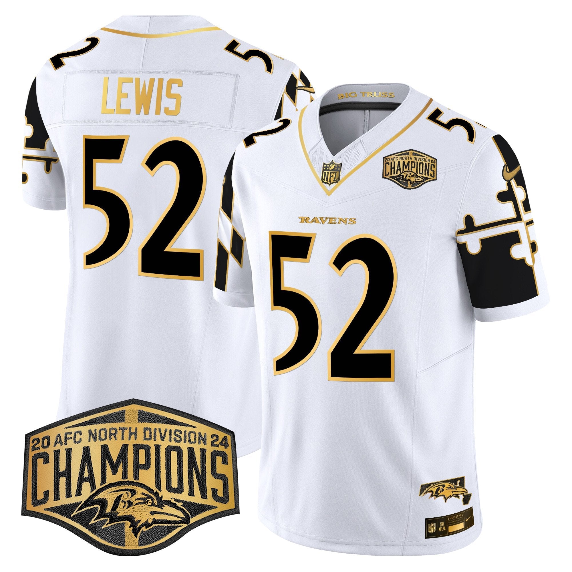 Ravens Maryland Flag Map 2024 AFC North Division Champions Patch Gold Vapor Limited Jersey – All Stitched – White Gold – Ray Lewis Jersey