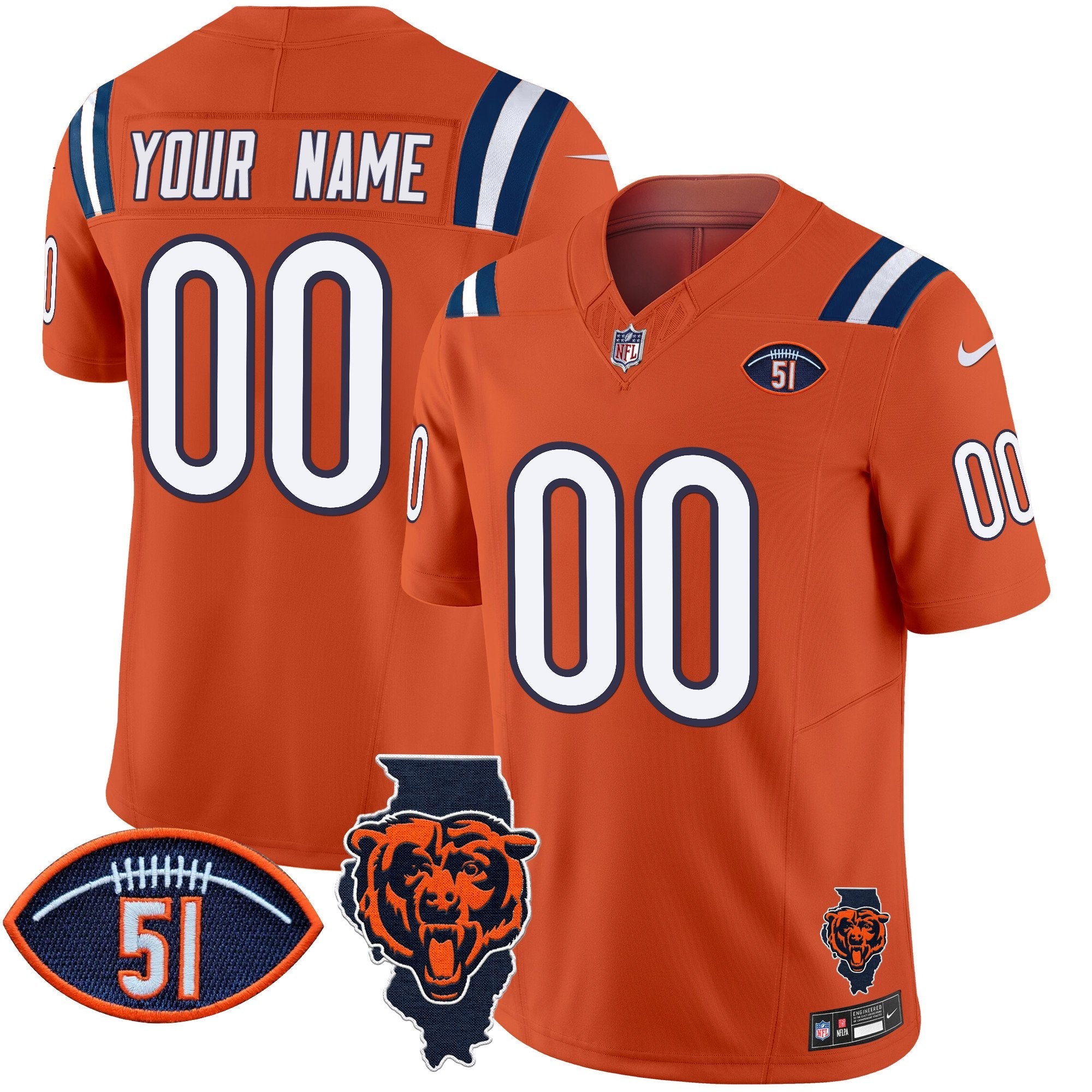 Bears Illinois Patch Vapor Limited Custom Jersey V2 – All Stitched – Orange Jersey