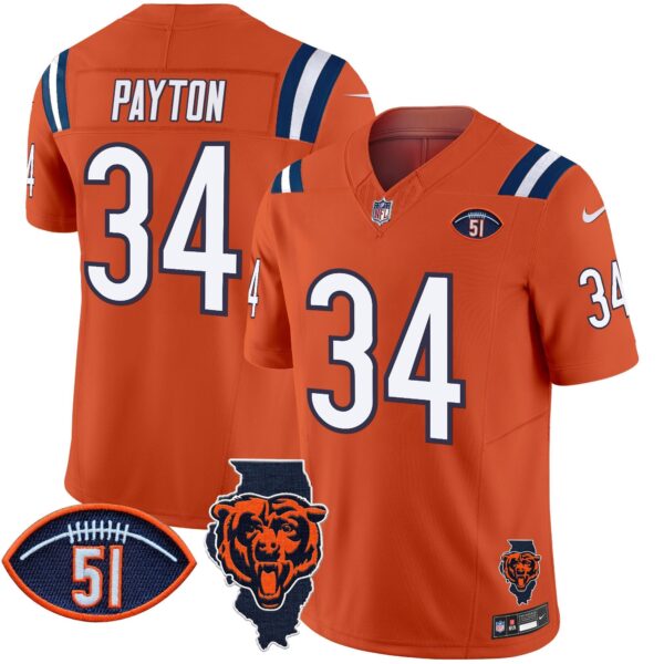 Bears Illinois Patch Vapor Limited Jersey V2 – All Stitched – Orange – Walter Payton Jersey