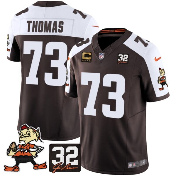 Browns #32 Jim Brown Memorial Patch Vapor Limited Jersey V2 – All Stitched – Alternate – Joe Thomas Jersey