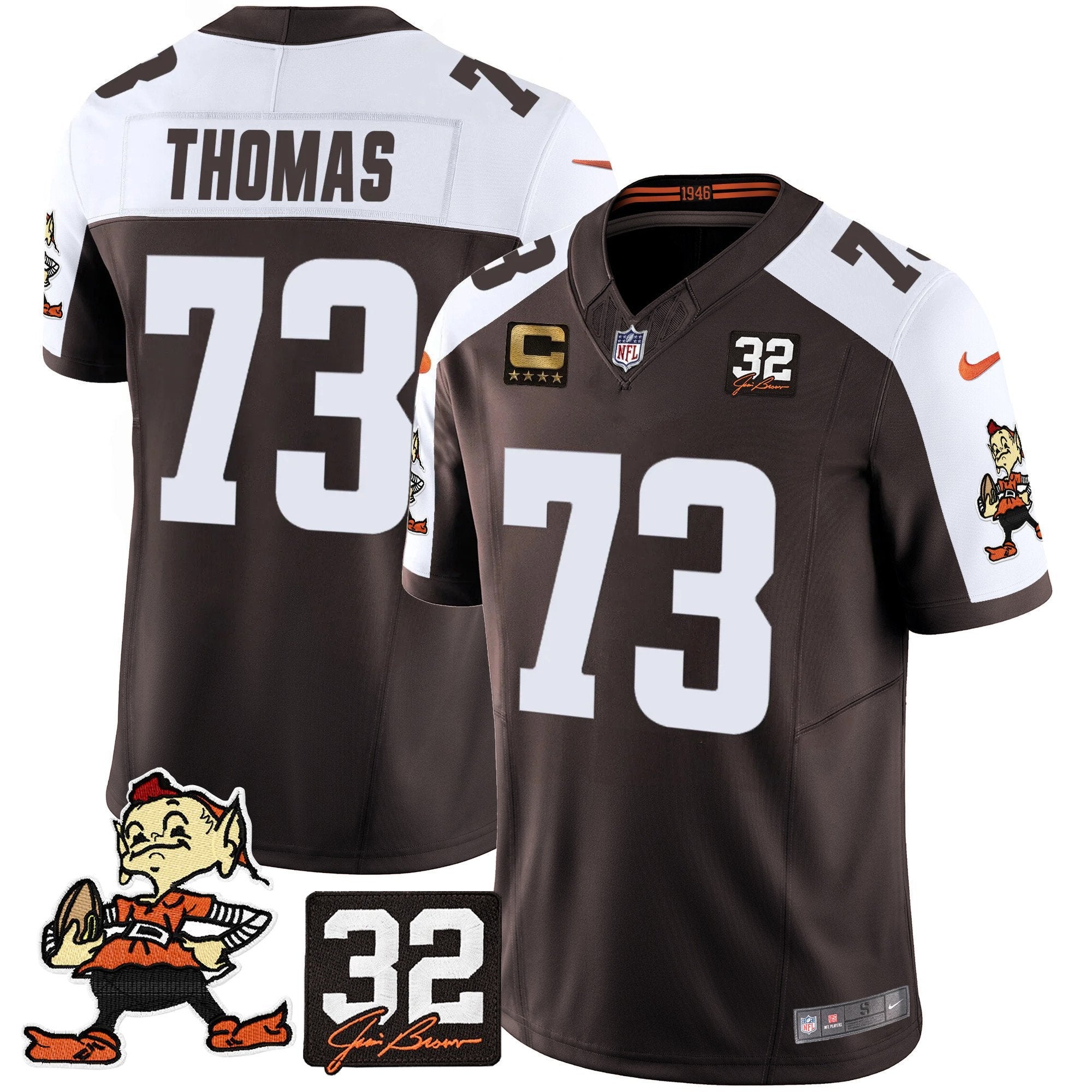 Browns #32 Jim Brown Memorial Patch Vapor Limited Jersey V2 – All Stitched – Alternate – Joe Thomas Jersey