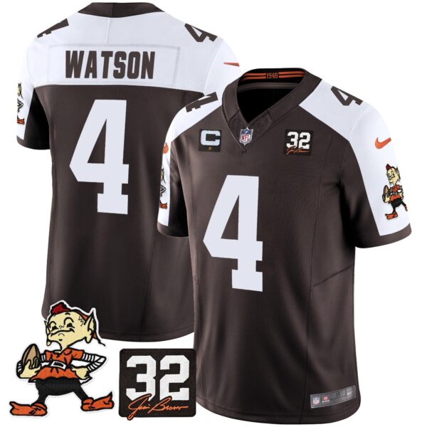 Browns #32 Jim Brown Memorial Patch Vapor Limited Jersey V2 – All Stitched – Alternate – Deshaun Watson Jersey