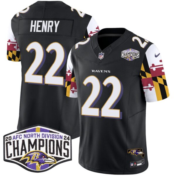 Ravens Maryland Flag 2024 AFC North Division Champions Patch Vapor Limited Jersey – All Stitched – Black – Derrick Henry Jersey