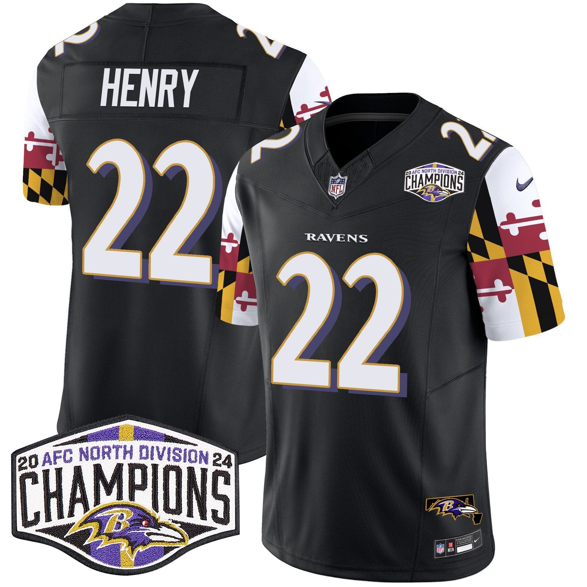 Ravens Maryland Flag 2024 AFC North Division Champions Patch Vapor Limited Jersey – All Stitched – Black – Derrick Henry Jersey